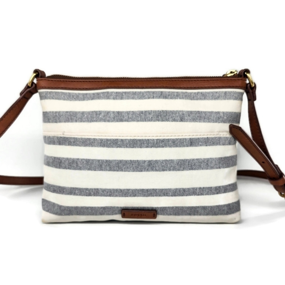 Fossil Fiona Coated Canvas White & Faded Grey-Blue Striped Pouch Crossbody Bag